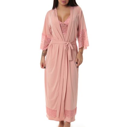 Robe Longo Microfibra Renda Tamanho:GG;Cor:Romance