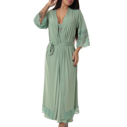 Kit Camisola Longa de Amamentação com Robe Longo Cor:Verdeteos;Tamanho:G