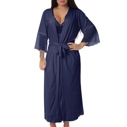 Kit Camisola Longa de Amamentação com Robe Longo Cor:Marinho;Tamanho:G