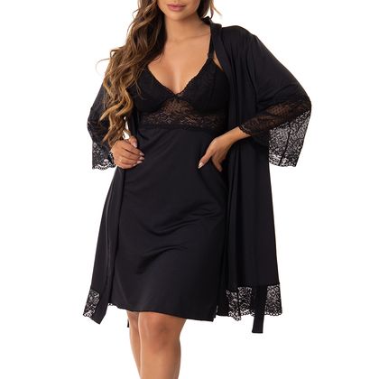 Kit Camisola Amamentação + Robe para Gestante Cor:Preto;Tamanho:G