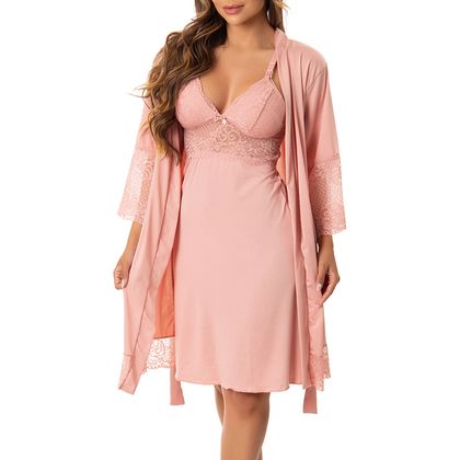Kit Camisola Amamentação + Robe para Gestante Cor:Romance;Tamanho:Gg
