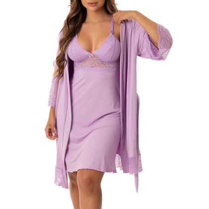 Kit Camisola Amamentação + Robe para Gestante Cor:Lilás;Tamanho:P