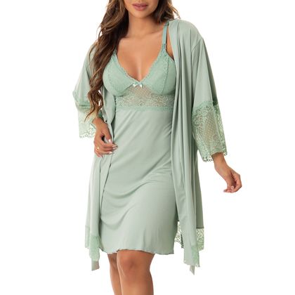 Kit Camisola Amamentação + Robe para Gestante Cor:Verdeteos;Tamanho:G